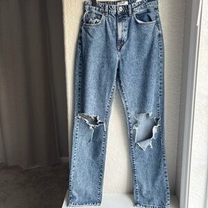 Cotton On Long Straight Leg Med Wash Distressed Ripped Jeans Size 6